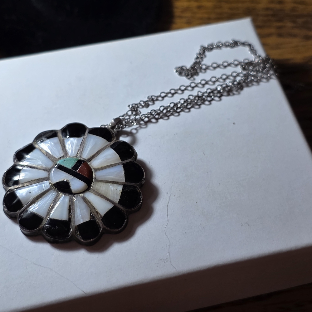 Elegant Black and White Inlayed Sterling Pendant Necklace